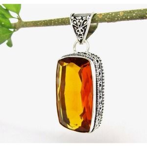 Citrine Tourmaline Simulated Topaz Pendant Silver 925 NEW Ornate Rectangle